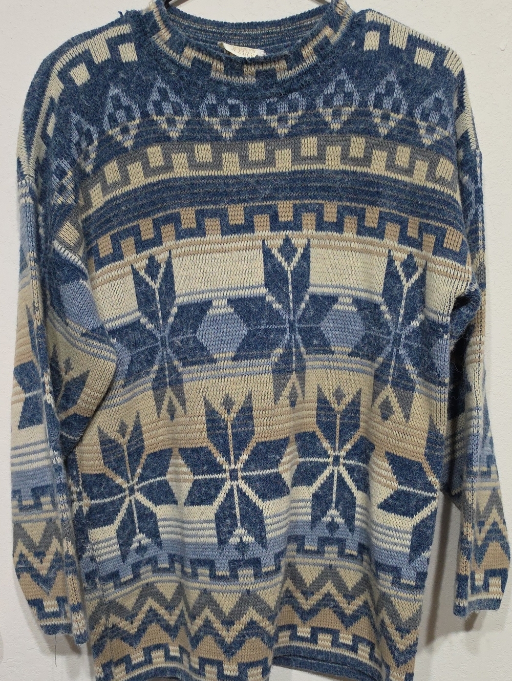 Men's Crewneck Sweater in Blue and Cream Geometric Pattern